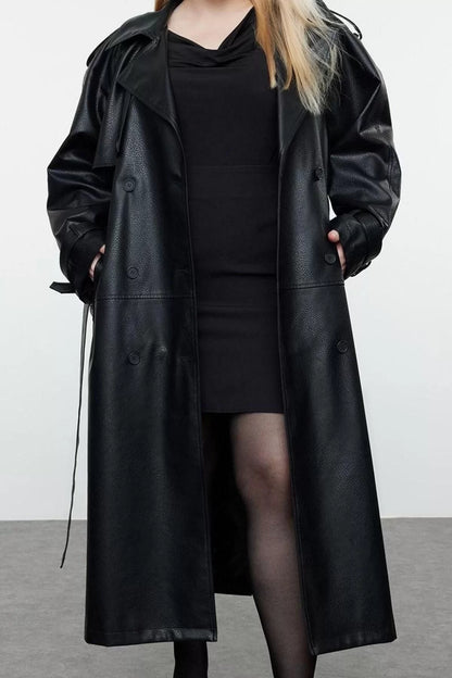 Women's Plus Size Fashion Stylish Oversize Jacket Collar Long Plain Lined Fit Maxi Length Faux Leather Trench Coat