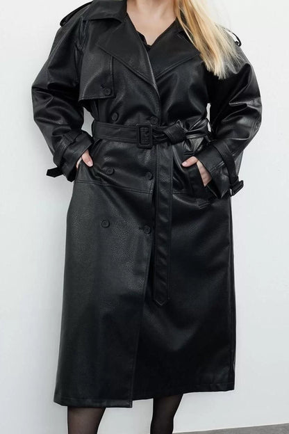 Women's Plus Size Fashion Stylish Oversize Jacket Collar Long Plain Lined Fit Maxi Length Faux Leather Trench Coat