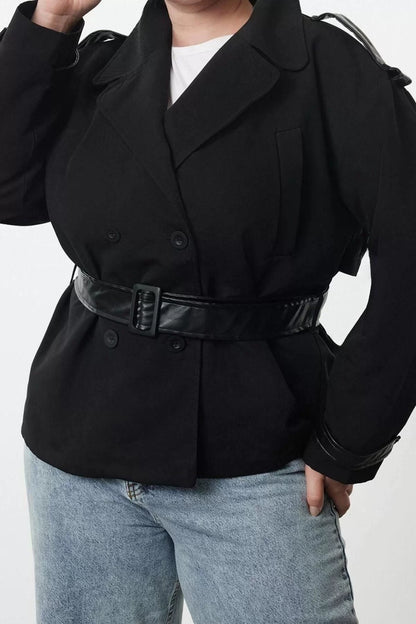 Women Plus Size Fashion Regular Jacket Collar Regular Plain Lined Fit Leather Belt Technical Fabric Trench Coat