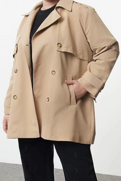 Women Plus Size Fashion Stylish Regular Jacket Collar Midi Plain Lined Fit Belted Technical Fabric Trench Coat