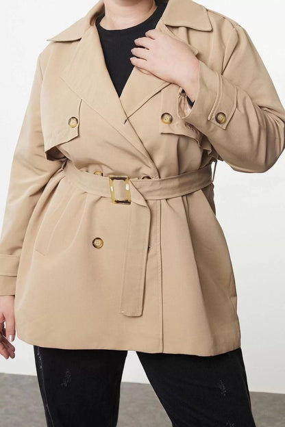 Women Plus Size Fashion Stylish Regular Jacket Collar Midi Plain Lined Fit Belted Technical Fabric Trench Coat