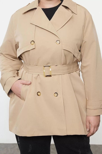 Women Plus Size Fashion Stylish Regular Jacket Collar Midi Plain Lined Fit Belted Technical Fabric Trench Coat