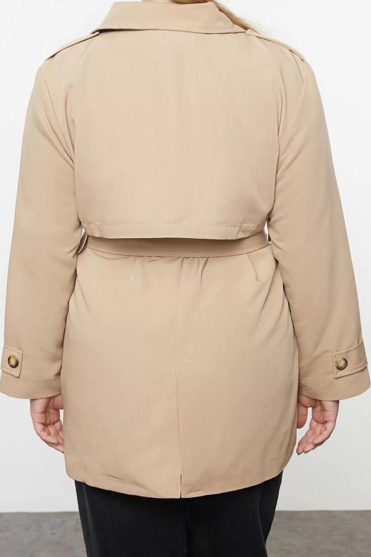 Women Plus Size Fashion Stylish Regular Jacket Collar Midi Plain Lined Fit Belted Technical Fabric Trench Coat