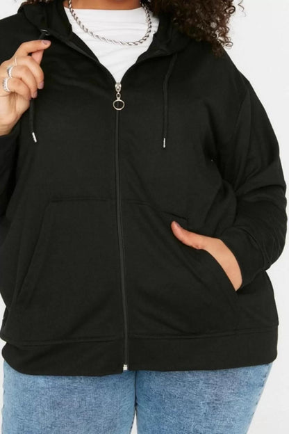 Women Plus Size Fashion Stylish Relaxed Hooded Low Sleeve Long Zipper Thin Knitted Sweatshirt