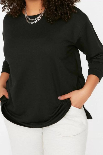 Women's Plus Size Fashion Stylish Relaxed Crew Neck Low Sleeve Long Slit Detail Thin Knitted Sweatshirt