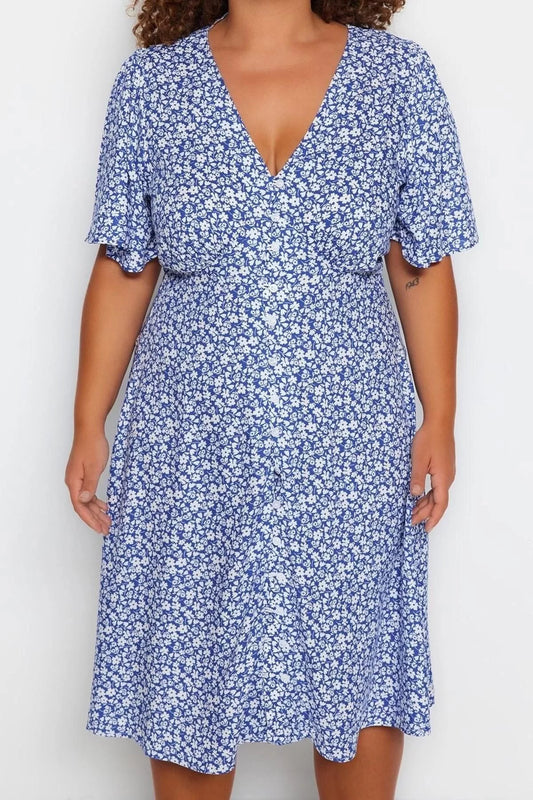 Women Fashion Stylish Plus Size Midi Length V Neck Relaxed Floral Woven Dress