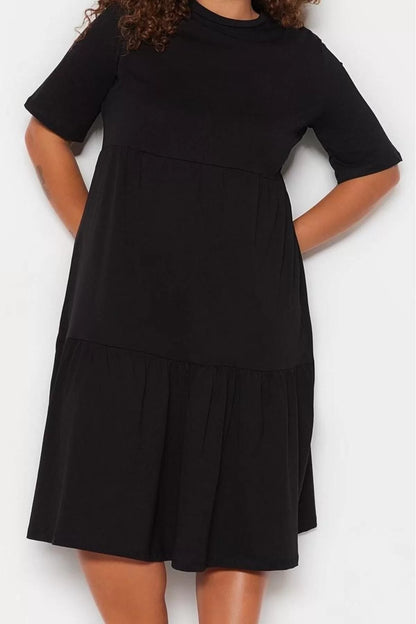 Women's Fashion Stylish Plus Size Midi Length Crew Neck Relaxed Flounce 100% Cotton Knitted Dress