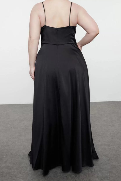 Women Plus Size Maxi Length Fitted Strappy Double Breasted Collar Long Woven Evening Dress Graduation Engagement Dress