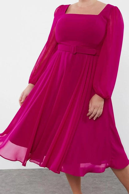 Women's Plus Size Mini Length Square Neck Belted Long Balloon Sleeve Chiffon A-Line Plus Size Evening Dress