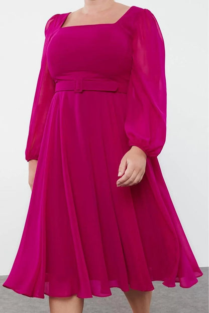 Women's Plus Size Mini Length Square Neck Belted Long Balloon Sleeve Chiffon A-Line Plus Size Evening Dress