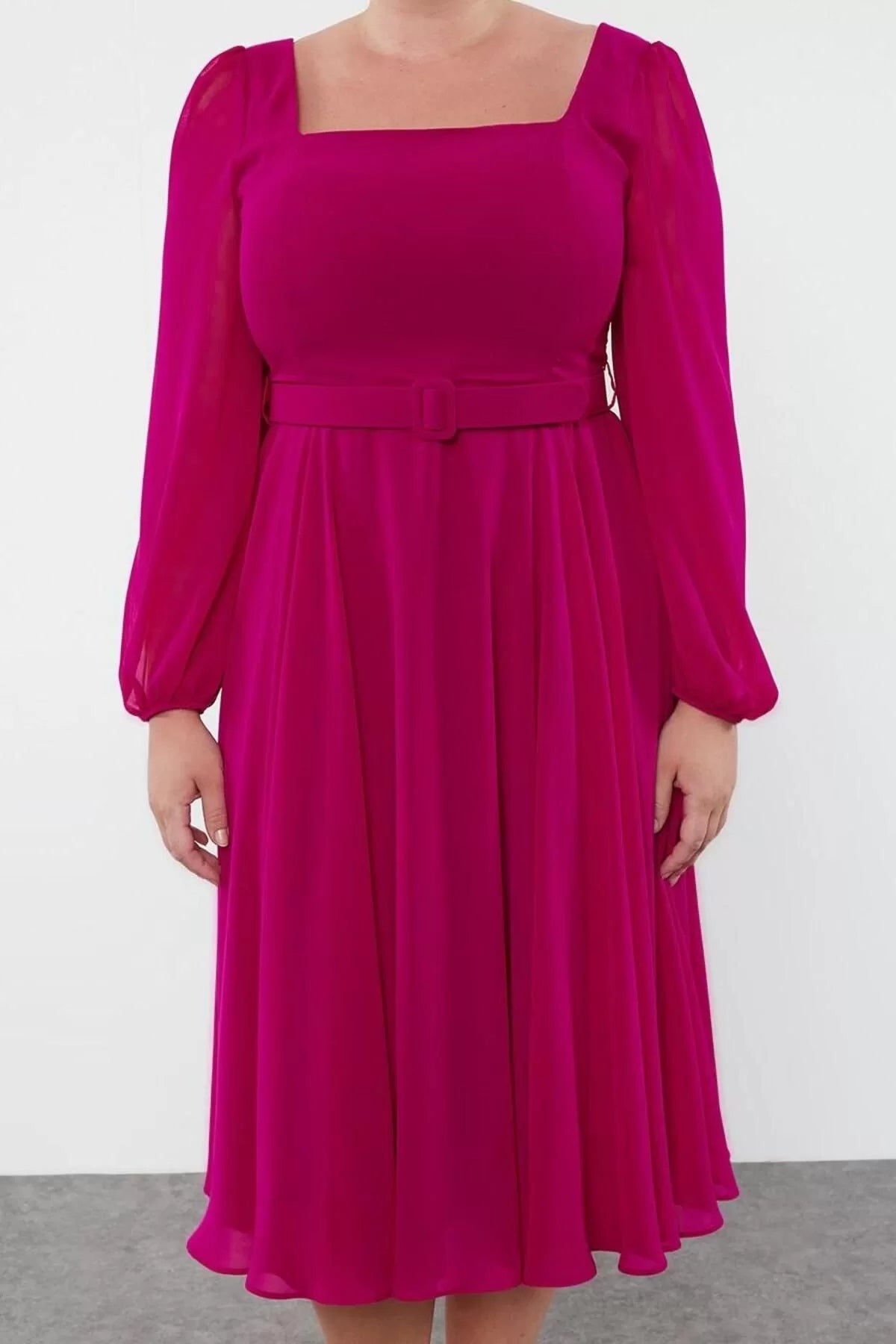 Women's Plus Size Mini Length Square Neck Belted Long Balloon Sleeve Chiffon A-Line Plus Size Evening Dress