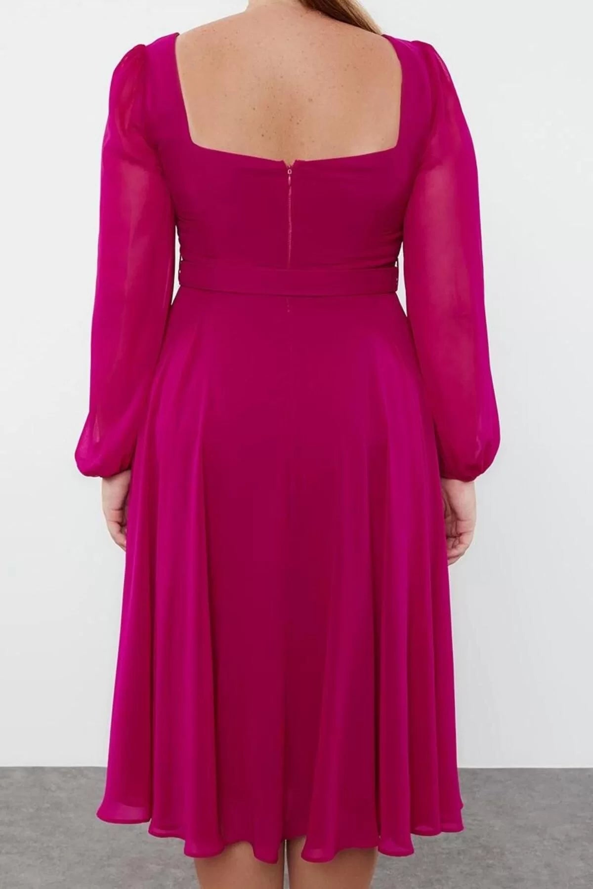 Women's Plus Size Mini Length Square Neck Belted Long Balloon Sleeve Chiffon A-Line Plus Size Evening Dress