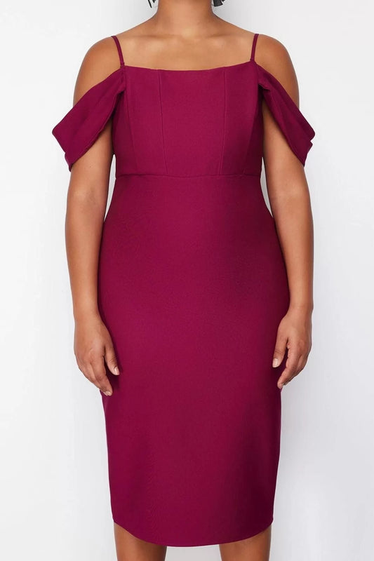 Women Fashion Stylish Plus Size Midi Length Carmen Collar Fitted Plain Bodycone Woven Plus Size Dress