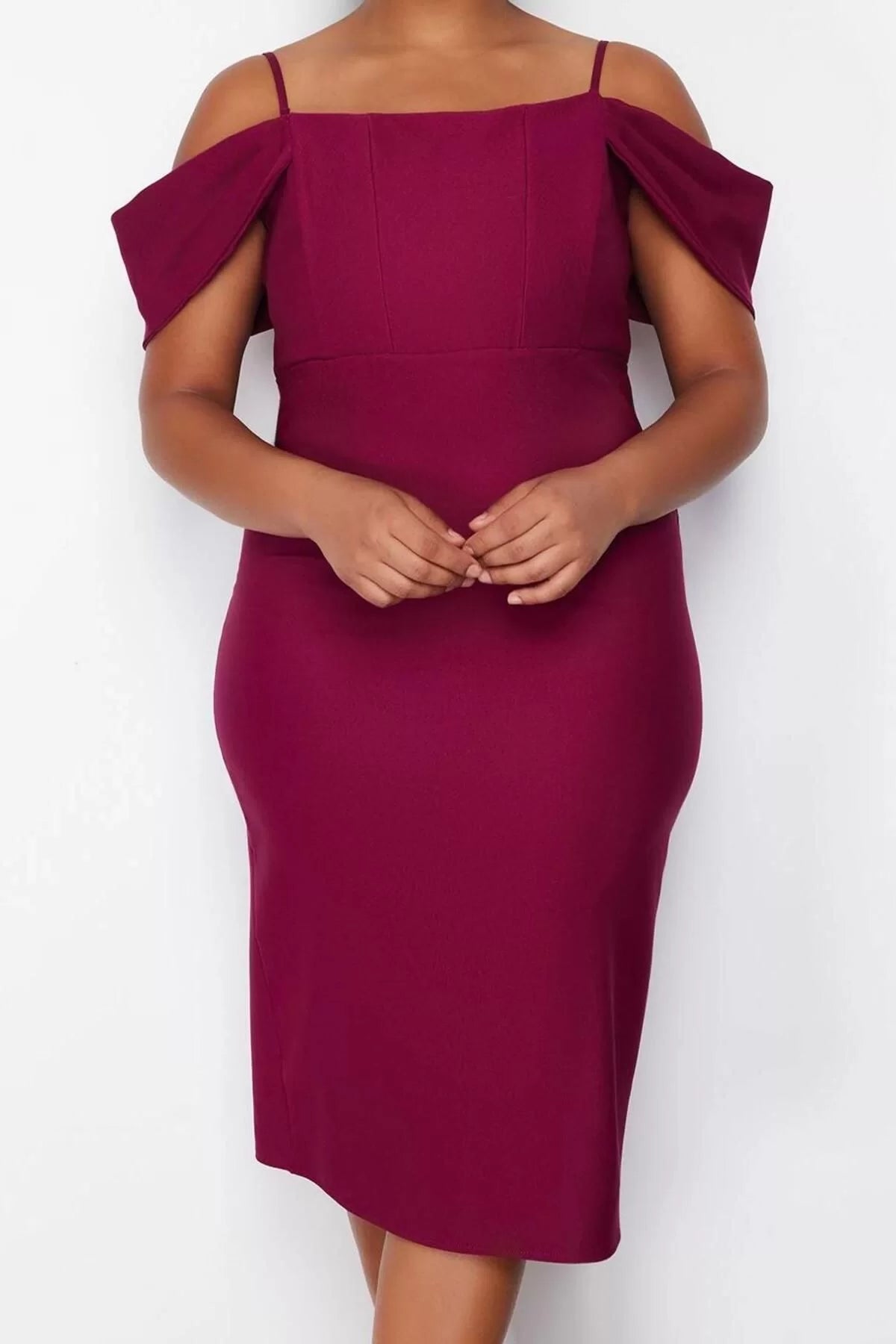 Women Fashion Stylish Plus Size Midi Length Carmen Collar Fitted Plain Bodycone Woven Plus Size Dress