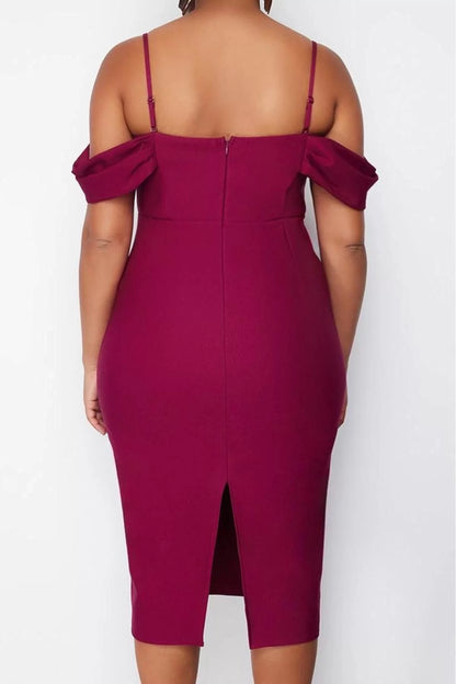 Women Fashion Stylish Plus Size Midi Length Carmen Collar Fitted Plain Bodycone Woven Plus Size Dress