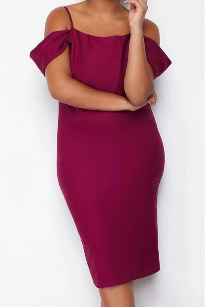 Women Fashion Stylish Plus Size Midi Length Carmen Collar Fitted Plain Bodycone Woven Plus Size Dress