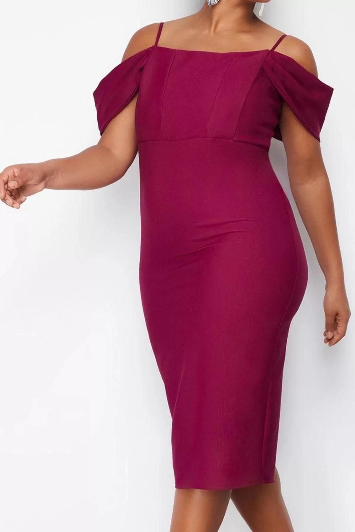 Women Fashion Stylish Plus Size Midi Length Carmen Collar Fitted Plain Bodycone Woven Plus Size Dress