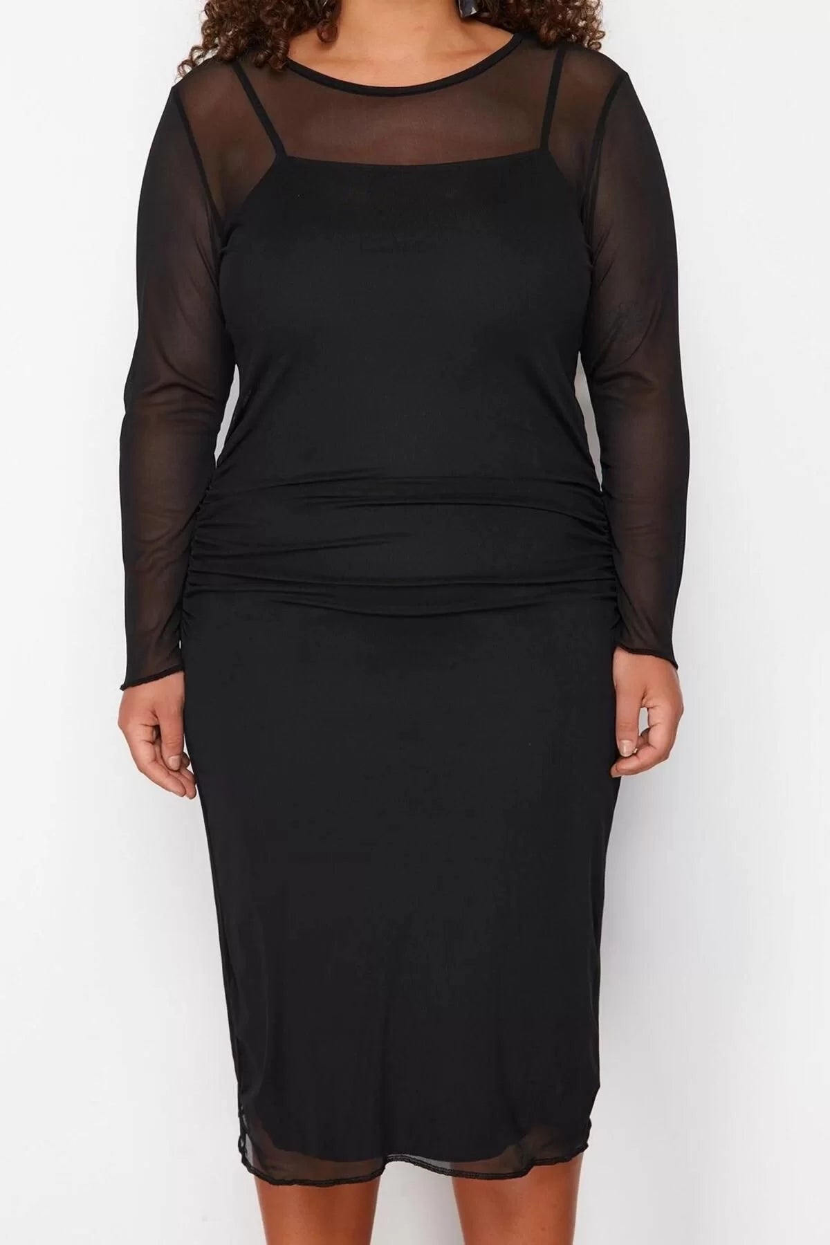 Women Fashion Stylish Plus Size Midi Length Crew Neck Fitted Tulle Knit Plus Size Dress