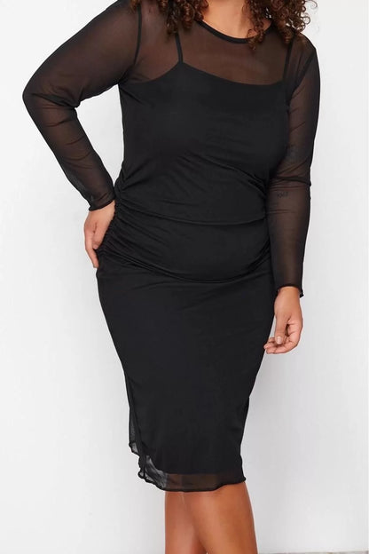 Women Fashion Stylish Plus Size Midi Length Crew Neck Fitted Tulle Knit Plus Size Dress