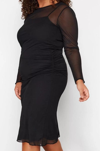 Women Fashion Stylish Plus Size Midi Length Crew Neck Fitted Tulle Knit Plus Size Dress