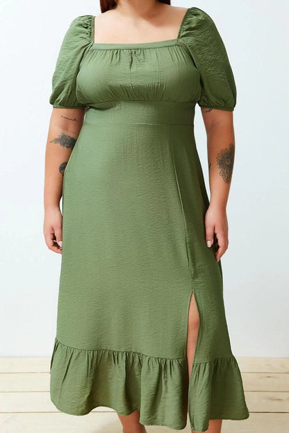 Women Fashion Stylish Plus Size Maxi Length Square Neck Relaxed Balloon Sleeve Woven Dress