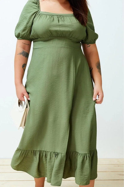 Women Fashion Stylish Plus Size Maxi Length Square Neck Relaxed Balloon Sleeve Woven Dress