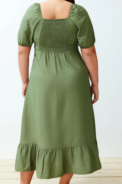 Women Fashion Stylish Plus Size Maxi Length Square Neck Relaxed Balloon Sleeve Woven Dress