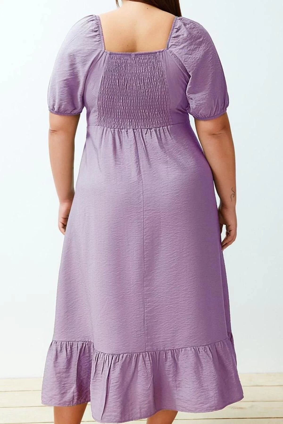 Women Fashion Stylish Plus Size Maxi Length Square Neck Relaxed Balloon Sleeve Woven Dress