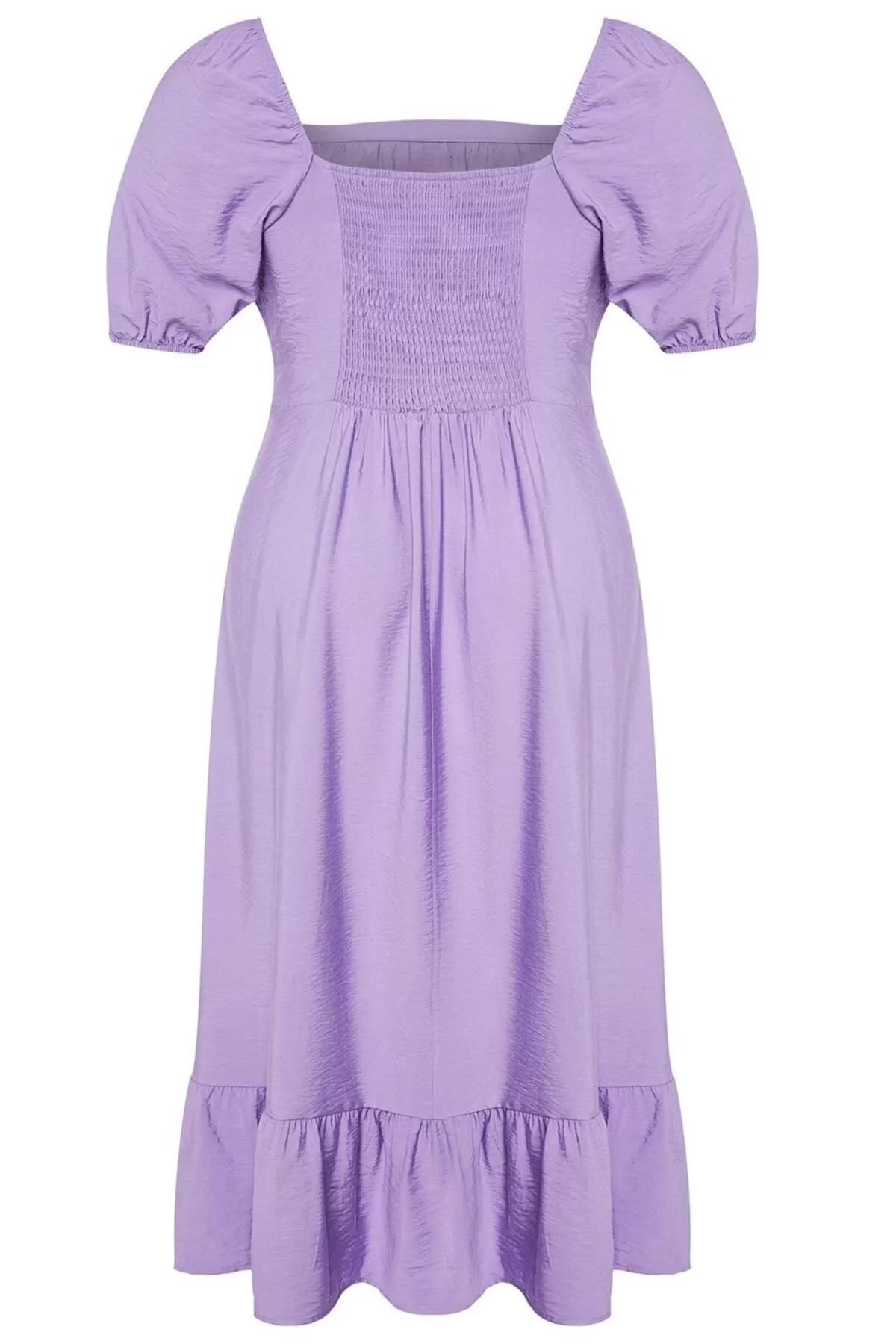 Women Fashion Stylish Plus Size Maxi Length Square Neck Relaxed Balloon Sleeve Woven Dress