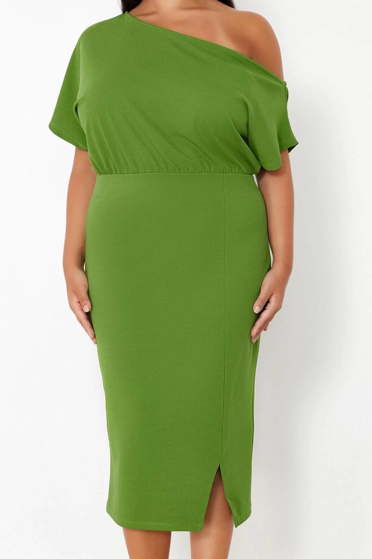 Women Fashion Stylish Plus Size Midi Length Boat Neck Fitted One Shoulder Knitted Dress