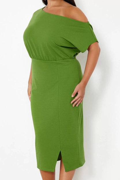 Women Fashion Stylish Plus Size Midi Length Boat Neck Fitted One Shoulder Knitted Dress