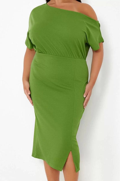 Women Fashion Stylish Plus Size Midi Length Boat Neck Fitted One Shoulder Knitted Dress