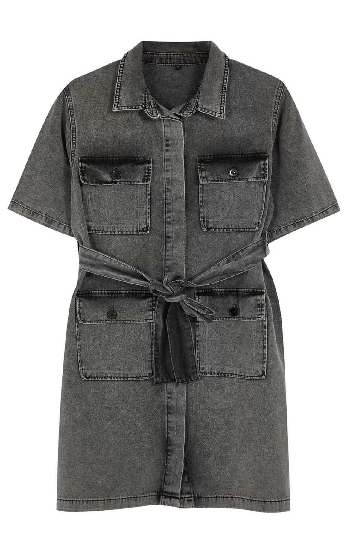 Women Fashion Stylish Plus Size Mini Length Shirt Collar Denim Dark Blue Belt Detailed Shirt Dress