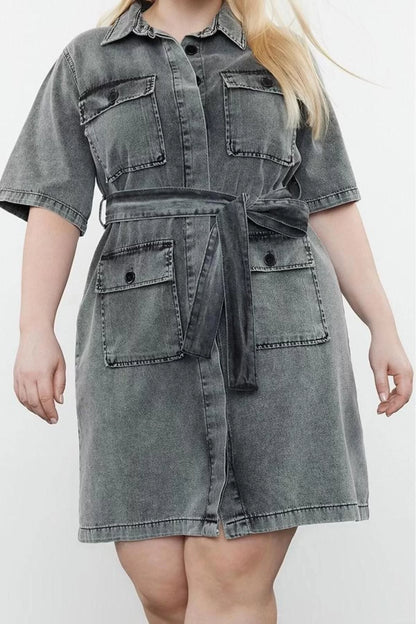 Women Fashion Stylish Plus Size Mini Length Shirt Collar Denim Dark Blue Belt Detailed Shirt Dress