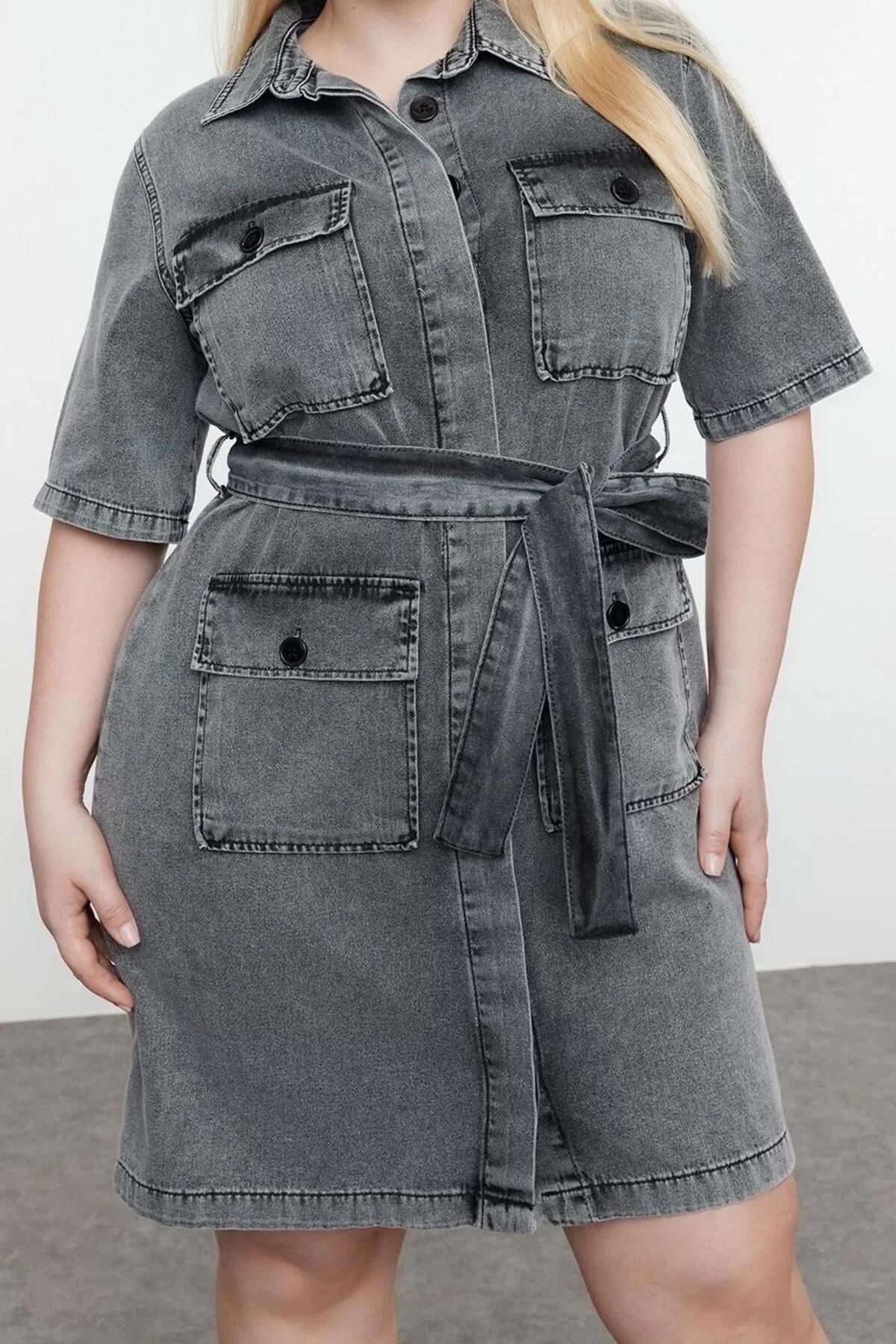 Women Fashion Stylish Plus Size Mini Length Shirt Collar Denim Dark Blue Belt Detailed Shirt Dress