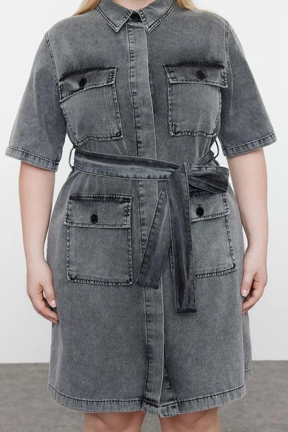 Women Fashion Stylish Plus Size Mini Length Shirt Collar Denim Dark Blue Belt Detailed Shirt Dress