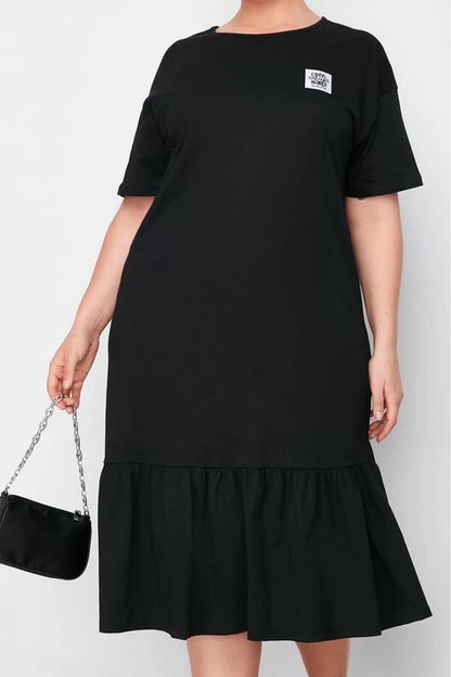 Women's Plus Size Midi Length Relaxed 100% Cotton Knitted T-shirt Dress with Gathering and Label Detail