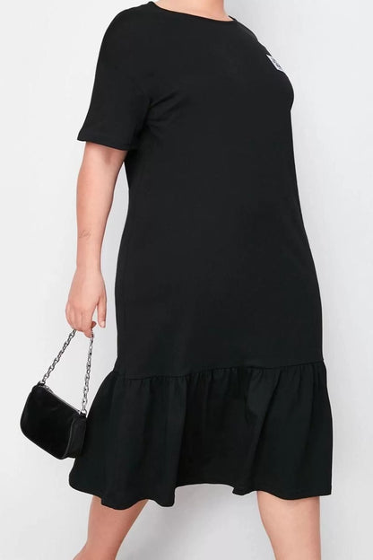 Women's Plus Size Midi Length Relaxed 100% Cotton Knitted T-shirt Dress with Gathering and Label Detail