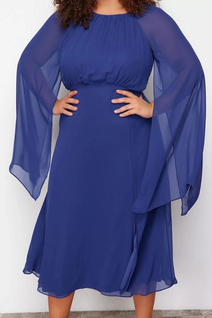 Women's Plus Size Maxi Length Fitted Cape Sleeve Long Lined Chiffon Woven Plus Size Dress