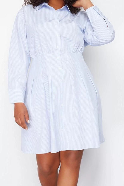 Women Fashion Stylish Plus Size Midi Length Shirt Collar Fitted Poplin Woven Plus Size Dress