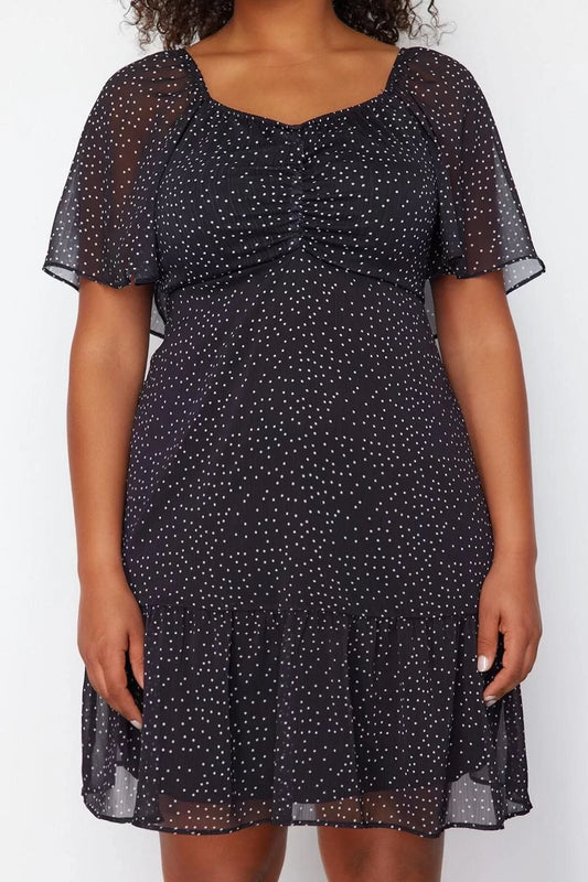 Women's Plus Size Midi Length V Neck Black Polka Dot Elastic Waist Woven Chiffon Lined Dress