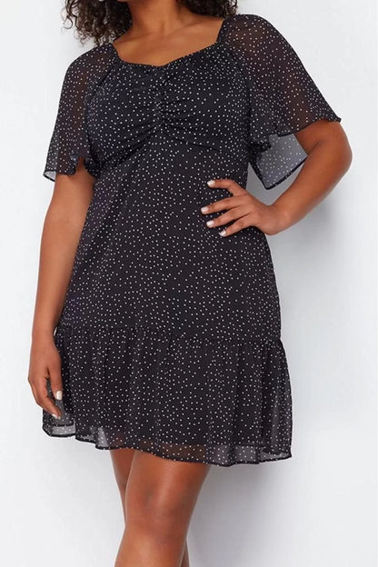 Women's Plus Size Midi Length V Neck Black Polka Dot Elastic Waist Woven Chiffon Lined Dress