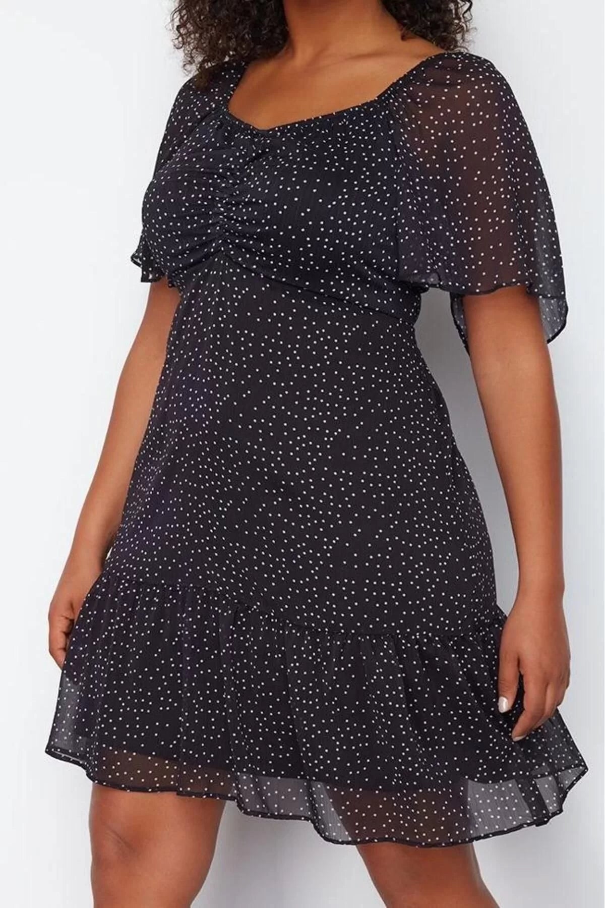 Women's Plus Size Midi Length V Neck Black Polka Dot Elastic Waist Woven Chiffon Lined Dress