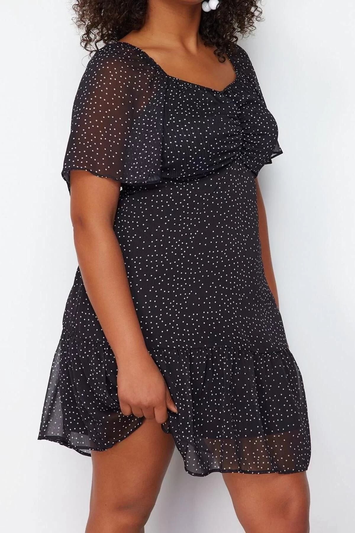 Women's Plus Size Midi Length V Neck Black Polka Dot Elastic Waist Woven Chiffon Lined Dress