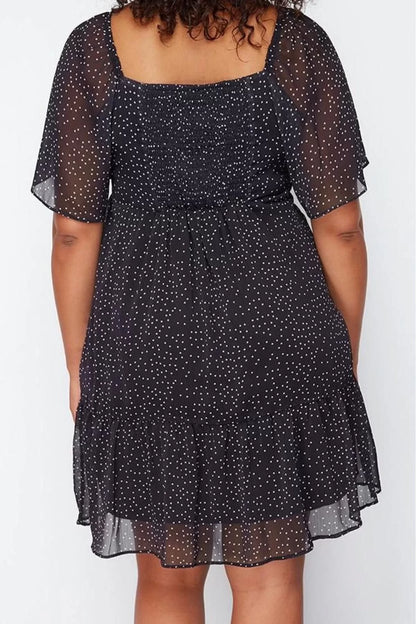 Women's Plus Size Midi Length V Neck Black Polka Dot Elastic Waist Woven Chiffon Lined Dress