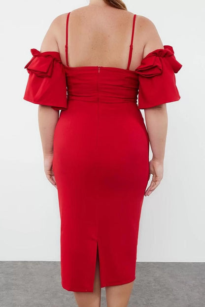 Women's Plus Size Midi Length Fitted Bodycon Woven Lined Evening Dress Graduation Engagement Dress