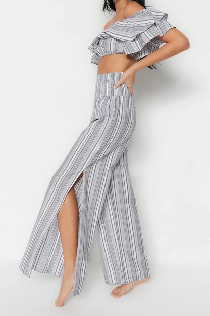 Women Fashion Stylish Wide Leg Long Length Long Sleeve Striped Woven Ruffle Blouse Pants Set