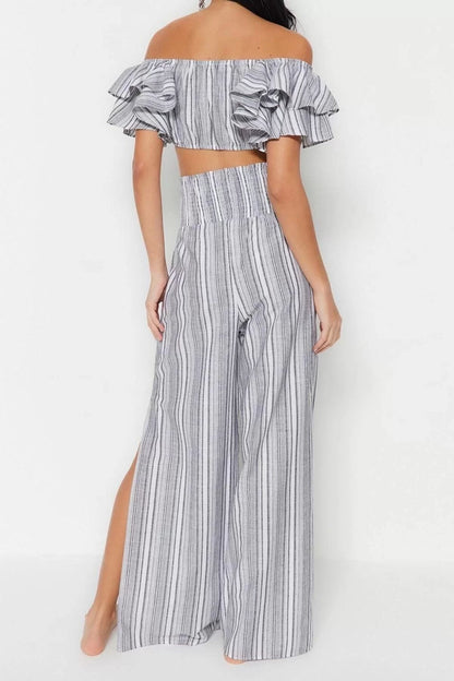 Women Fashion Stylish Wide Leg Long Length Long Sleeve Striped Woven Ruffle Blouse Pants Set