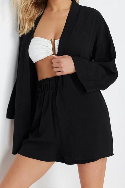 Women Fashion Stylish Regular Short Length Long Sleeve Black Woven Kimono Shorts Set