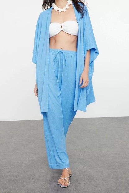 Women Fashion Stylish Regular Long Length Long Sleeve Blue Woven Crepe Kimono Pant Set